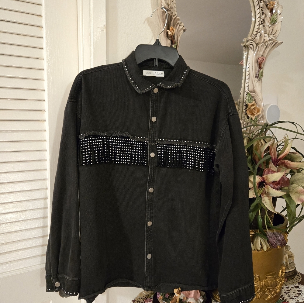 Zara Big Girl Fringed Western Cropped Black Denim Jacket US XL